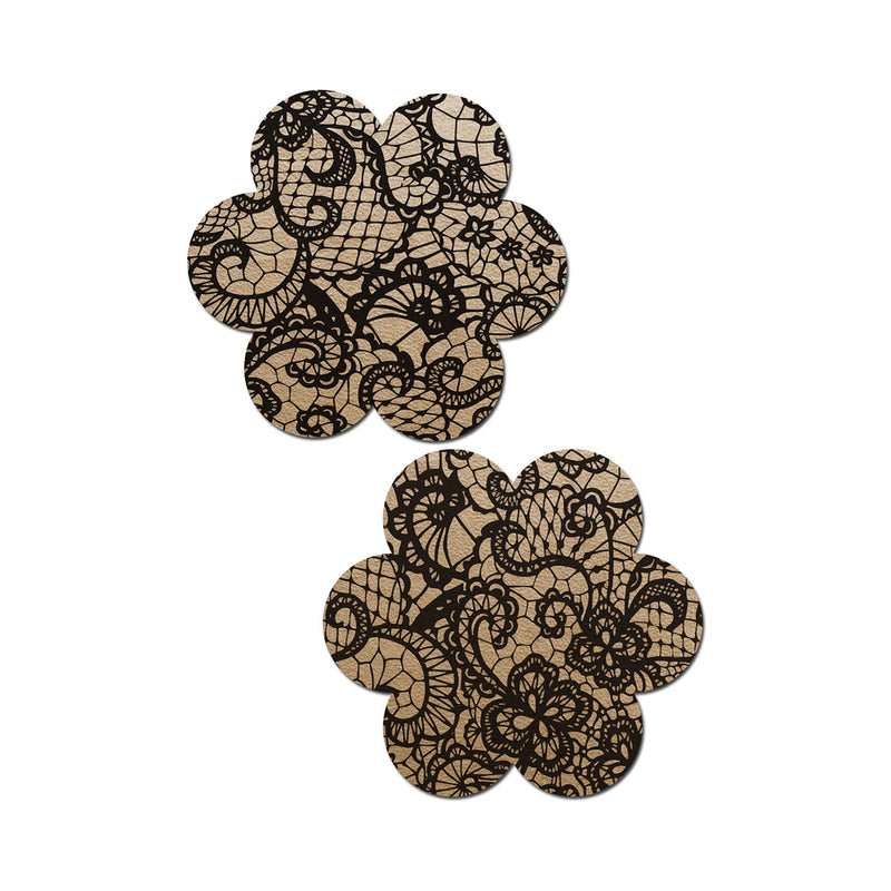 Pastease Lace Flower Nipple Pasties Beige and Black with lace flower overlay for discreet coverage.