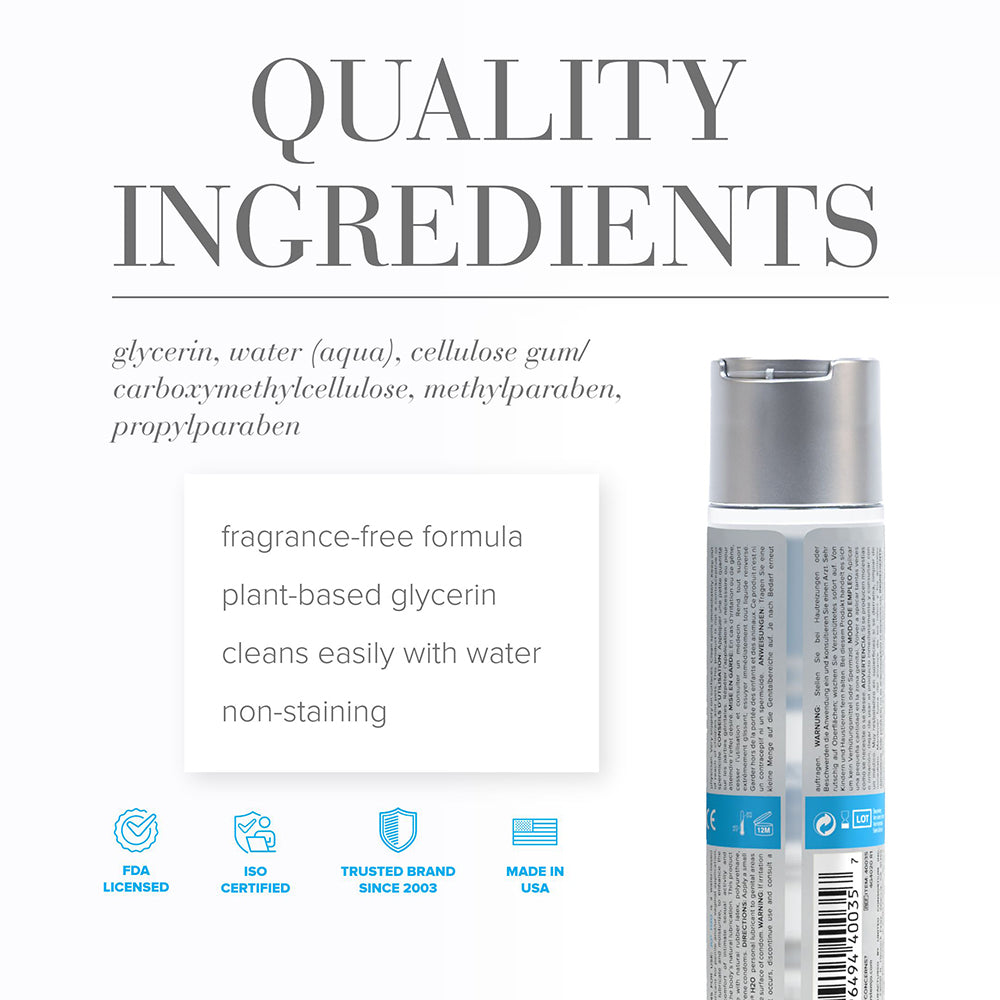 Quality ingredients of JO H2O Original Water-Based Lubricant 4 Oz including glycerin, water, and non-staining formula.