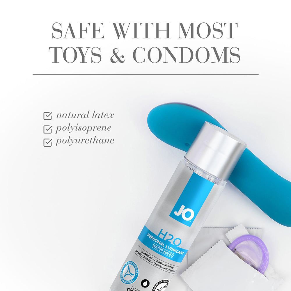 JO H2O Original Water-Based Lubricant 4 Oz with safe usage instructions for toys and condoms