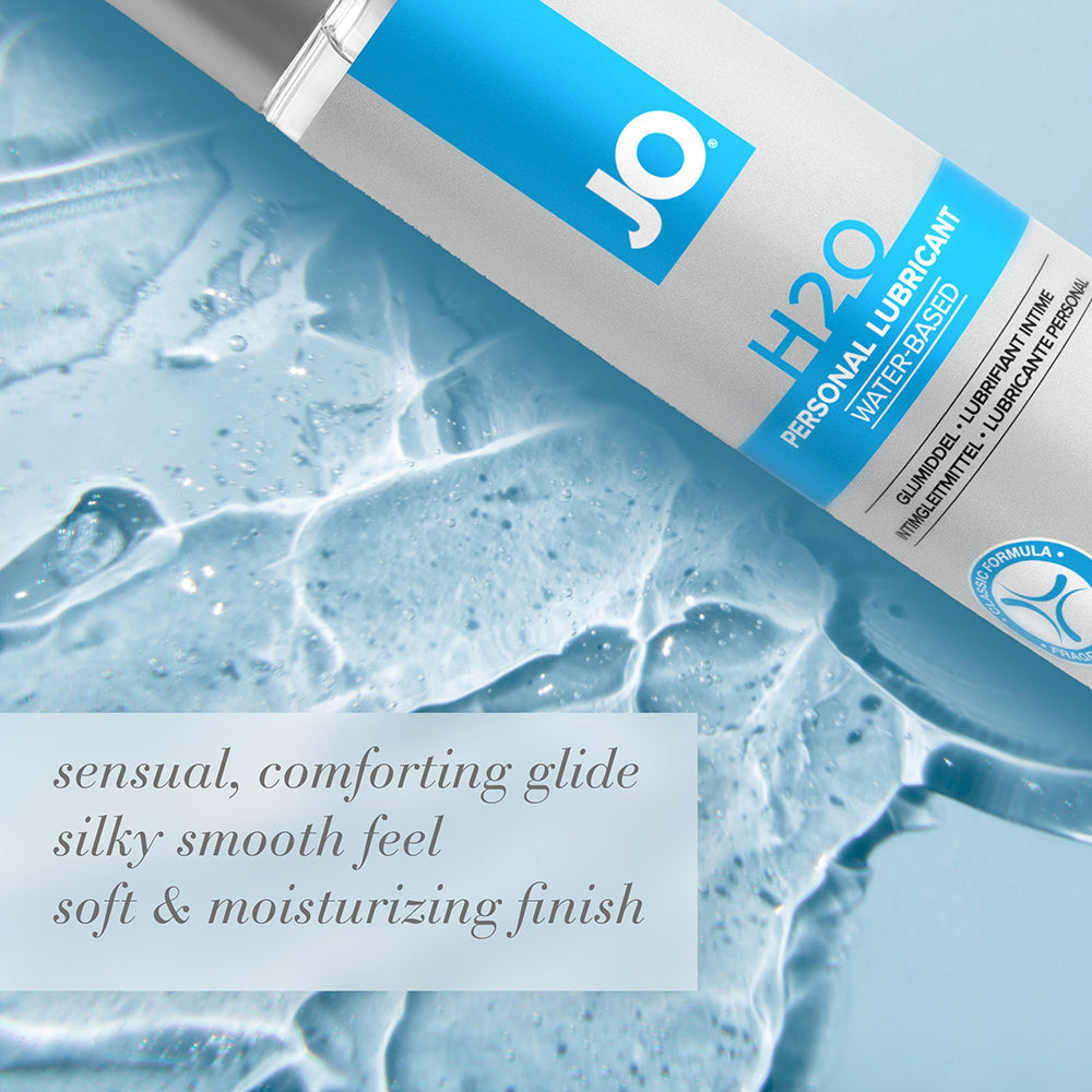 JO H2O Original Water-Based Lubricant 4 Oz bottle on a blue background with water droplets.