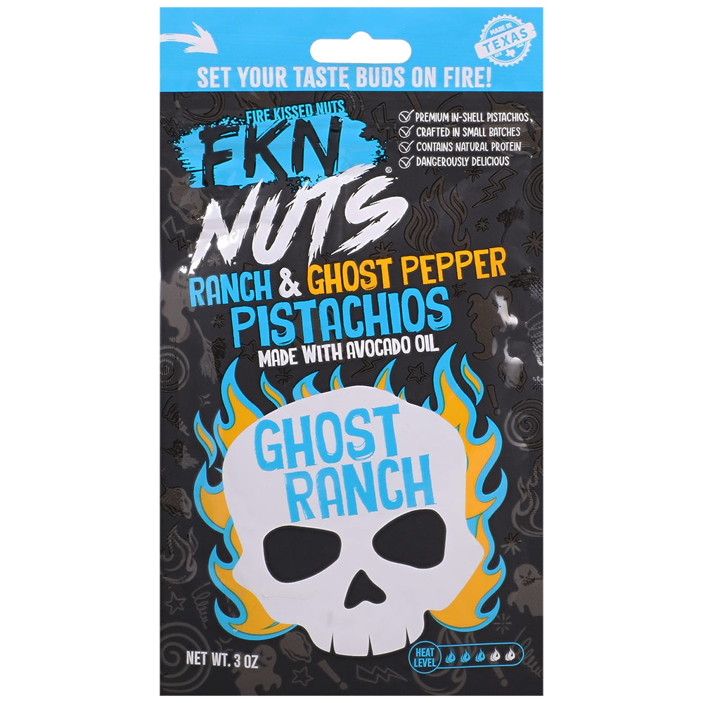 Fkn Nuts Ranch & Ghost Pepper Pistachios 3 Oz 10pk Display featuring bold ranch and ghost pepper flavors.