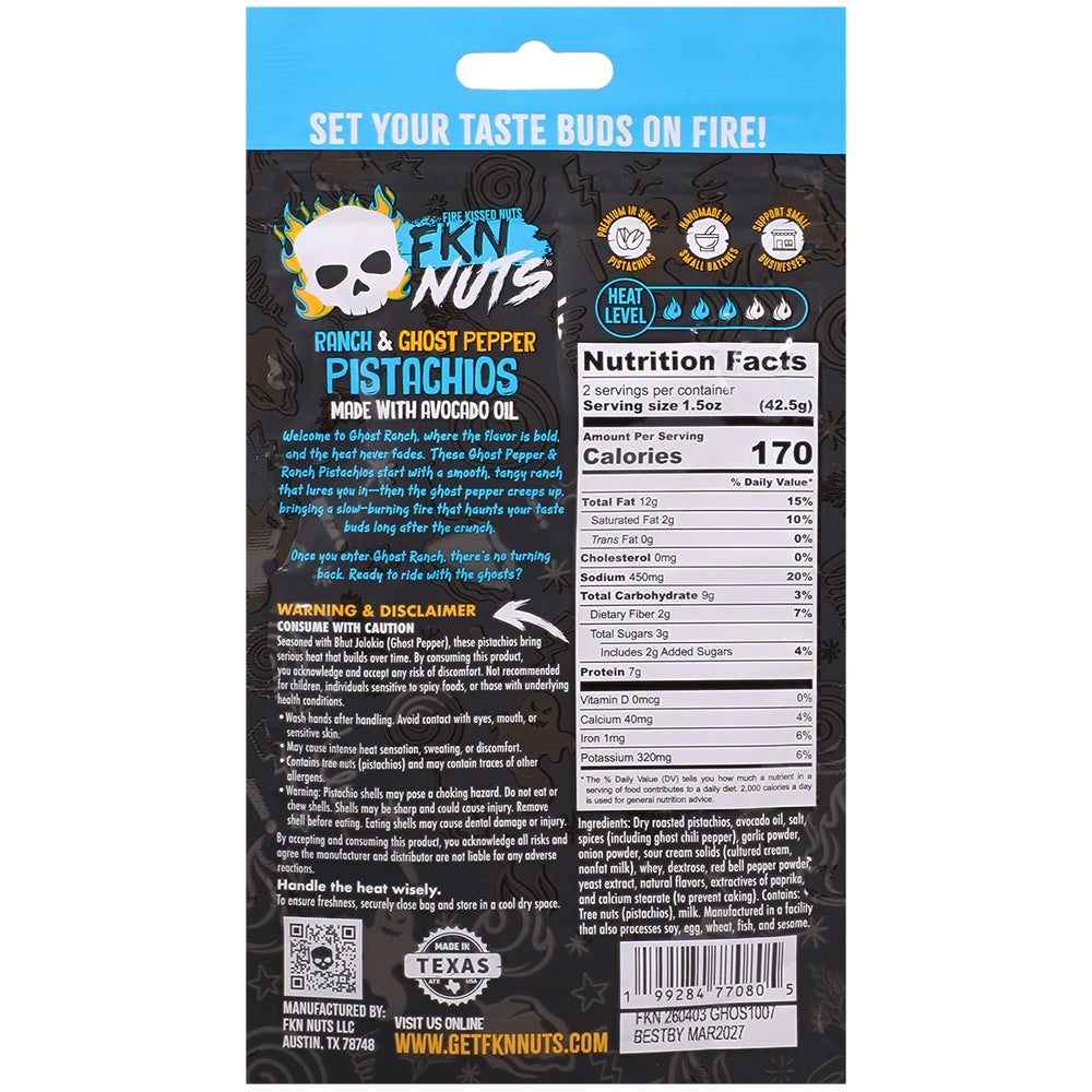 Fkn Nuts Ranch & Ghost Pepper Pistachios 3 Oz 10pk Display packaging with nutrition facts and flavor description.