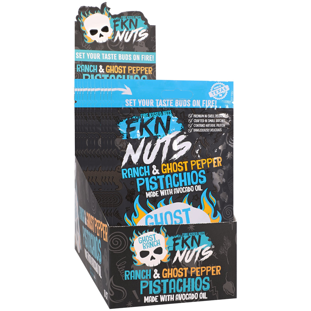 Fkn Nuts Ranch & Ghost Pepper Pistachios 3 Oz 10pk Display showcasing bold ranch and ghost pepper flavors.