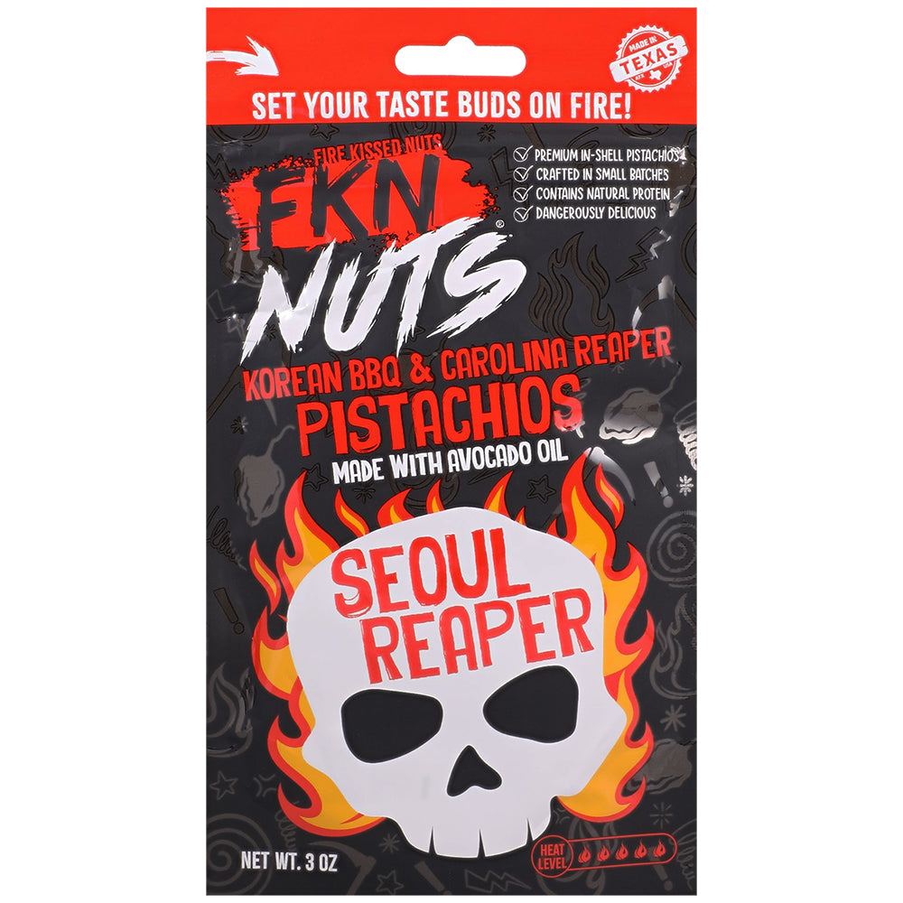 Fkn Nuts Korean BBQ Carolina Reaper Pistachios 3 Oz 10 Pack packaging featuring Seoul Reaper flavor and spicy design.