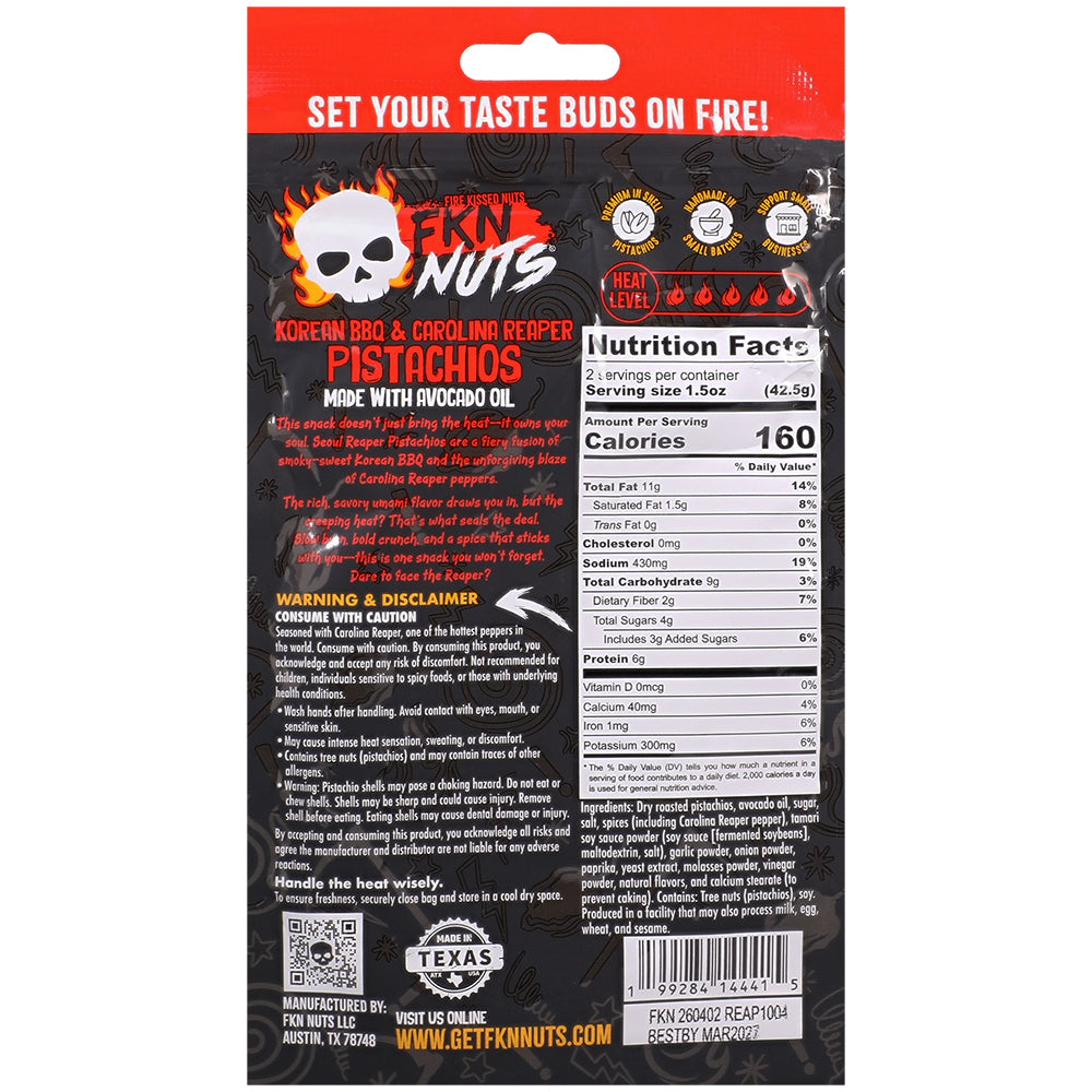 Fkn Nuts Korean BBQ Carolina Reaper Pistachios 3 Oz 10 Pack nutrition facts and packaging information.