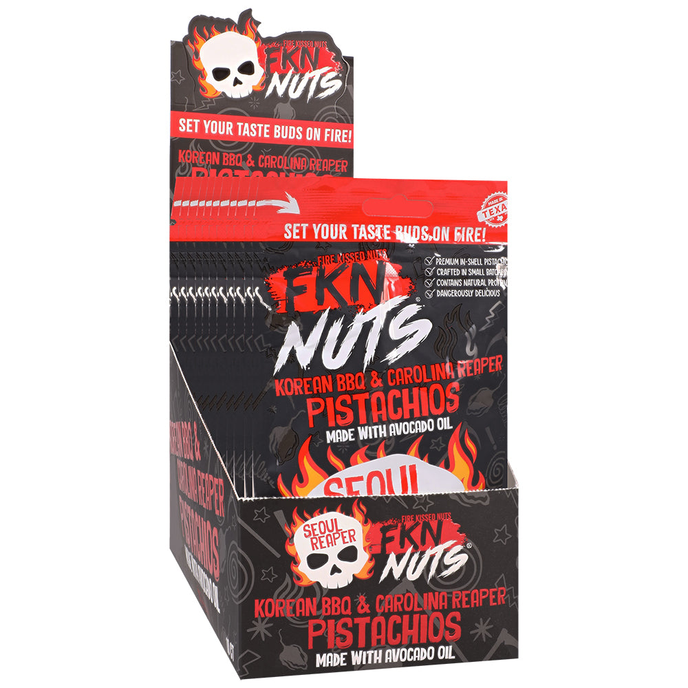 Fkn Nuts Korean BBQ Carolina Reaper Pistachios 3 Oz 10 Pack display box featuring Seoul Reaper flavor.