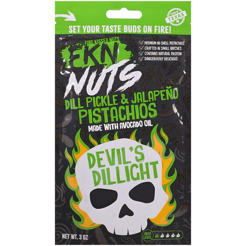 Fkn Nuts Dill Pickle & Jalapeno Pistachios 3 Oz 10pk Display packaging featuring Devil's Dillight flavor.