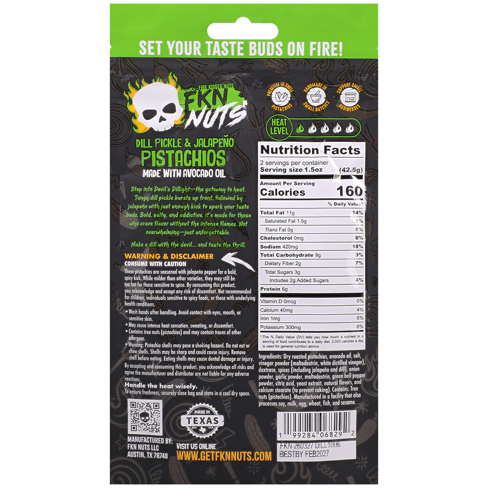 Fkn Nuts Dill Pickle & Jalapeno Pistachios 3 Oz 10pk Display nutrition facts and packaging details