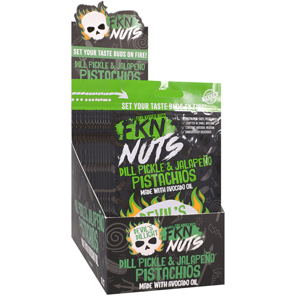 Fkn Nuts Dill Pickle & Jalapeno Pistachios 3 Oz 10pk Display featuring bold flavors and eye-catching packaging.