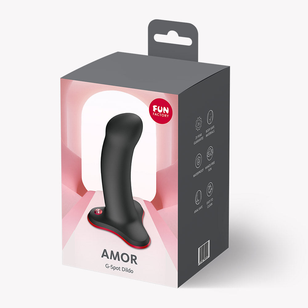 Fun Factory Amor G-Spot Dildo Black in packaging, designed for G-spot stimulation and harness compatibility.