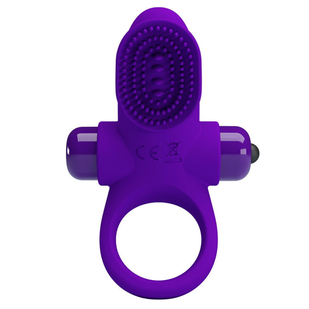 Pretty Love Vibrating Cock Ring II Purple featuring a textured silicone surface and attached bullet for shared intimacy.