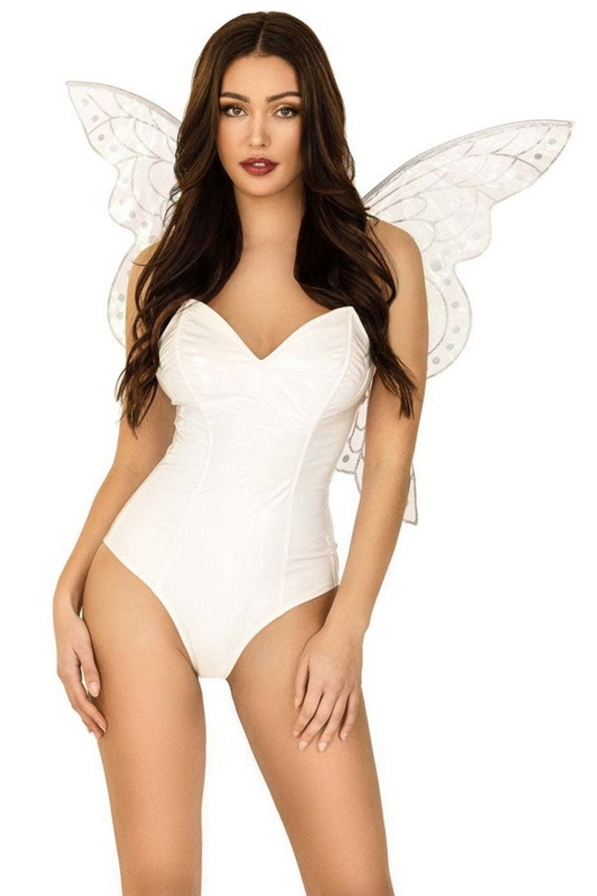 Model wearing Iridescent Glitter Fairy Wings One Size Multicolor costume with shimmering wings and a white bodysuit.
