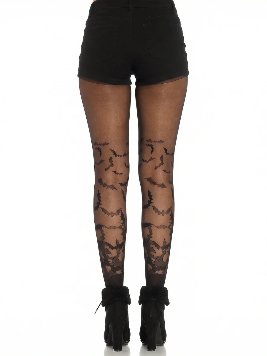 Leg Avenue Bat Wing Sheer Tights Black One Size showcasing bats on sheer material paired with black shorts.