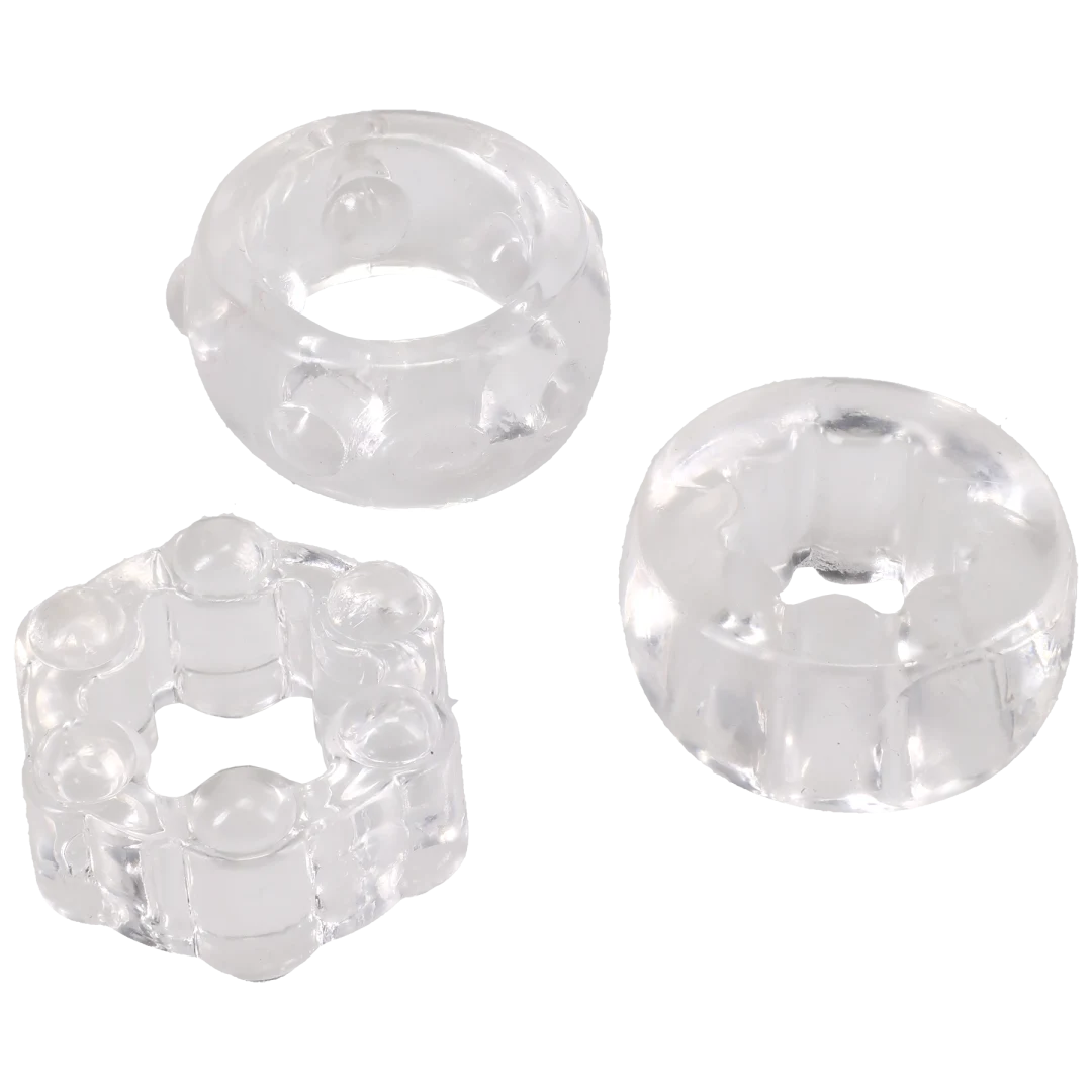 Crystal Jellies Performance Ring Set Clear featuring three textured silicone rings for enhanced intimacy.
