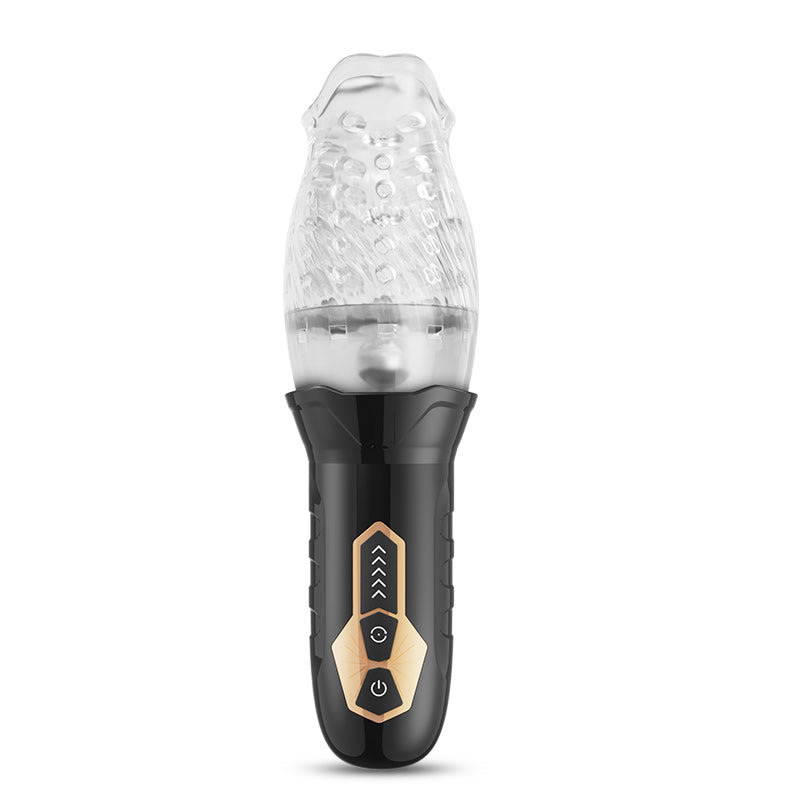 Cyclone Oral Sex Masturbator Male Stroker with rotating sleeve and textured canal for enhanced pleasure.