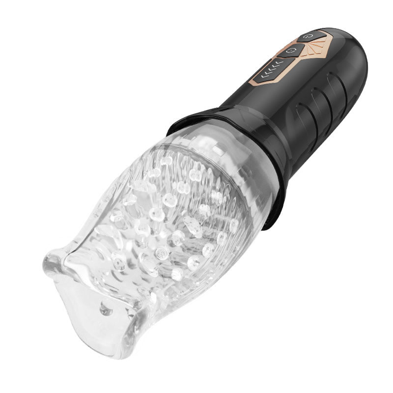 Cyclone Oral Sex Masturbator Male Stroker with clear textured sleeve and ergonomic design for enhanced male pleasure.