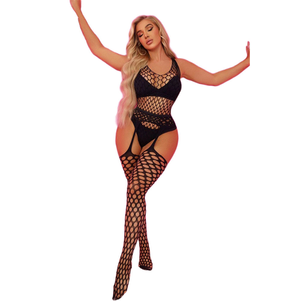 Black Pearl Pothole Teddy With Suspender Black on model showcasing elegant and playful lingerie style.
