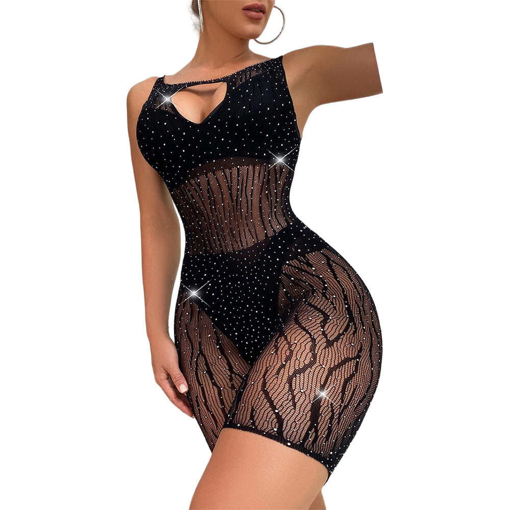 Black Pearl Tiger Stripe Romper Black showcasing a striking tiger stripe print and sparkling details, perfect for bold lingerie looks.