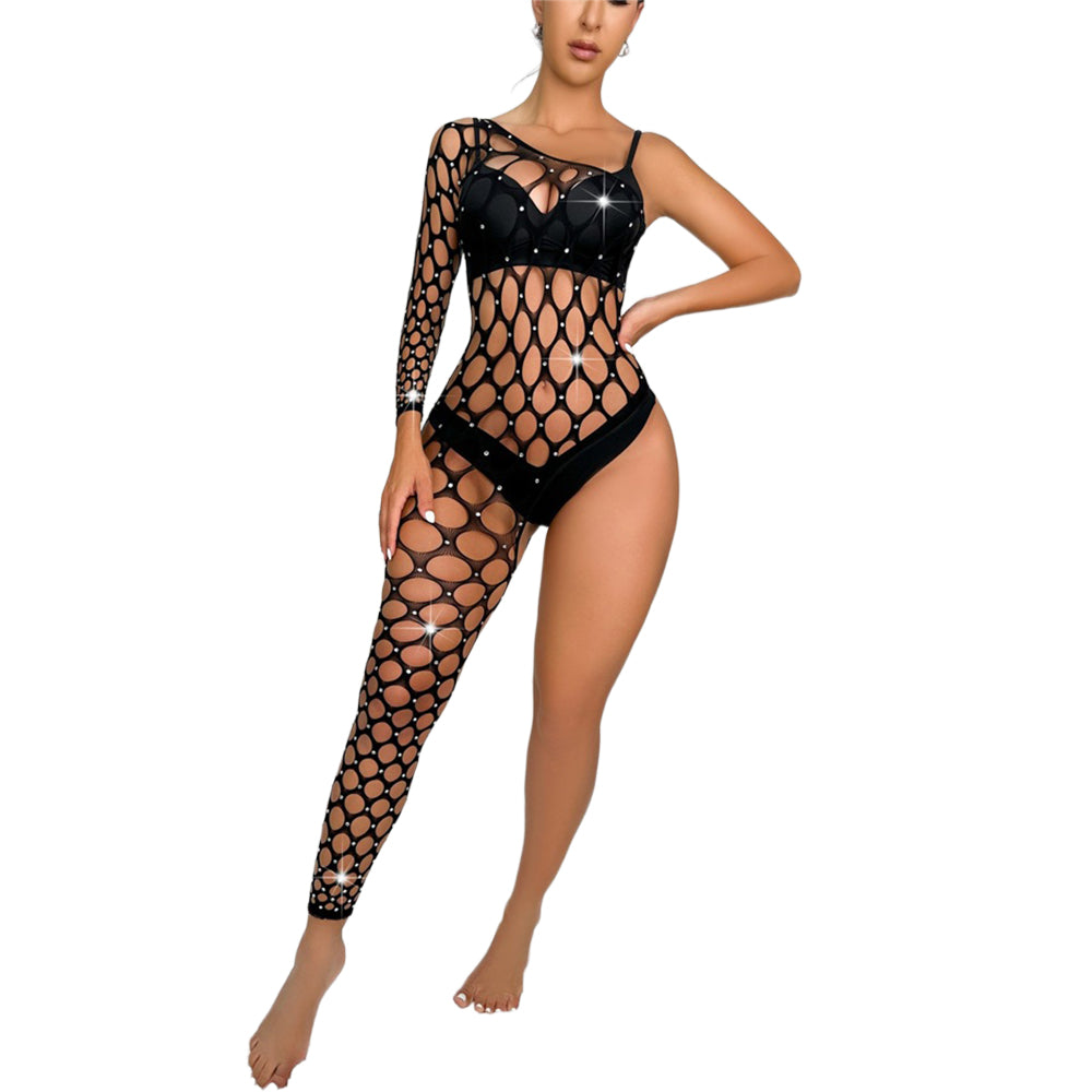 Black Pearl Diamond Pothole One Side Bodysuit Black worn by model showcasing diamond cutout design and asymmetrical style.