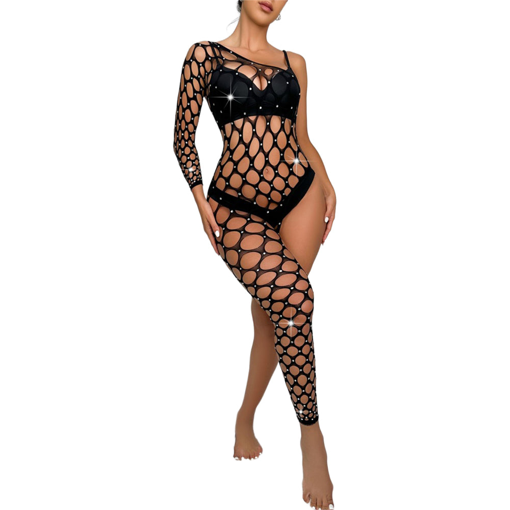 Black Pearl Diamond Pothole One Side Bodysuit Black showcased with eye-catching diamond cutout pattern.