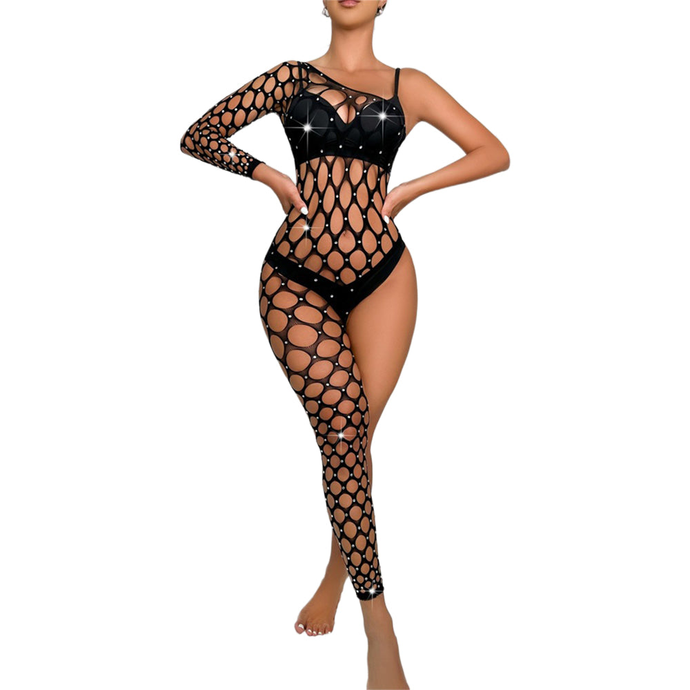 Black Pearl Diamond Pothole One Side Bodysuit Black showcasing a bold diamond cutout pattern and asymmetrical silhouette.