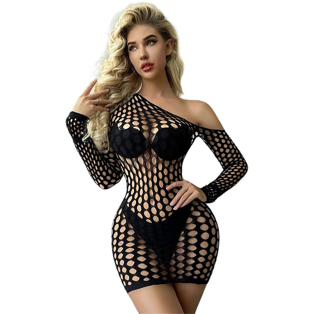 Black Pearl Large Pothole Long Sleeve Dress Black showcasing a bold, open-hole design and sleek silhouette with long sleeves.