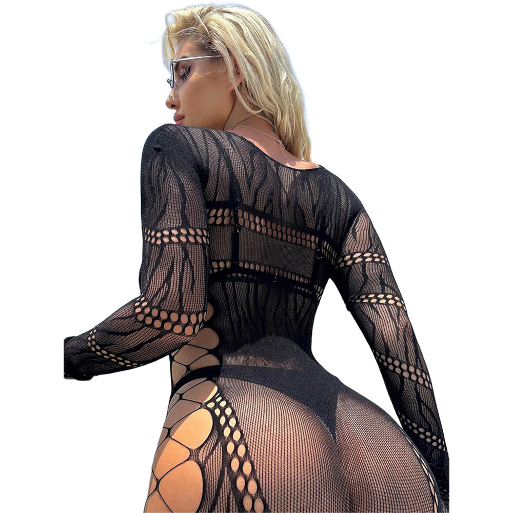 Black Pearl Long Sleeve Mesh Romper With Side Cut Outs Black showcasing sheer coverage and side cutouts for a daring look.