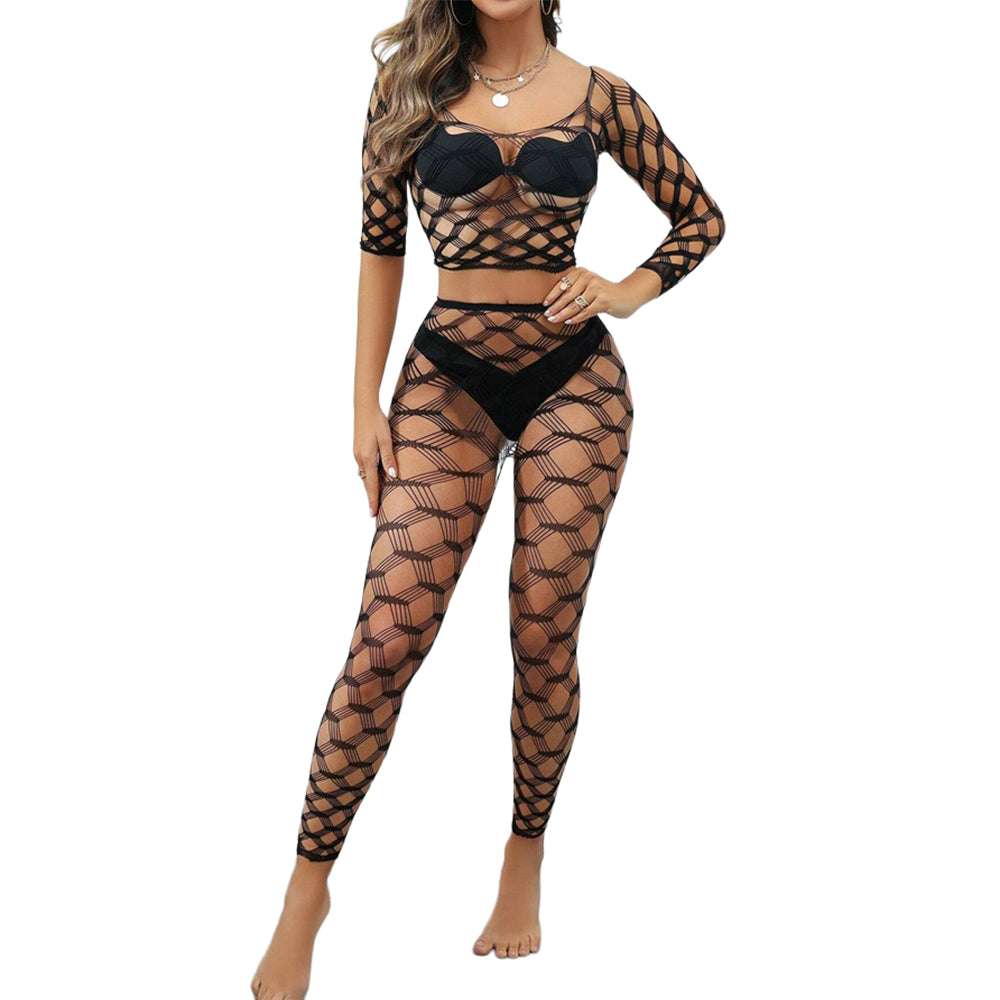 Black Pearl 2-piece Hexagon Lace Crop Top and Leggings Black displayed on a model, showcasing modern geometric style.