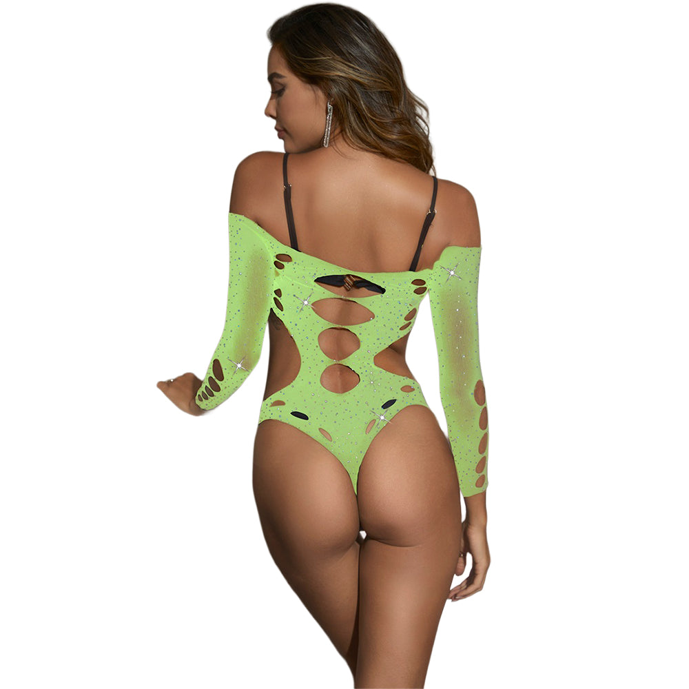 Black Pearl Bling Cut Out Teddy Lime back view showcasing vibrant lime color and cut out design.