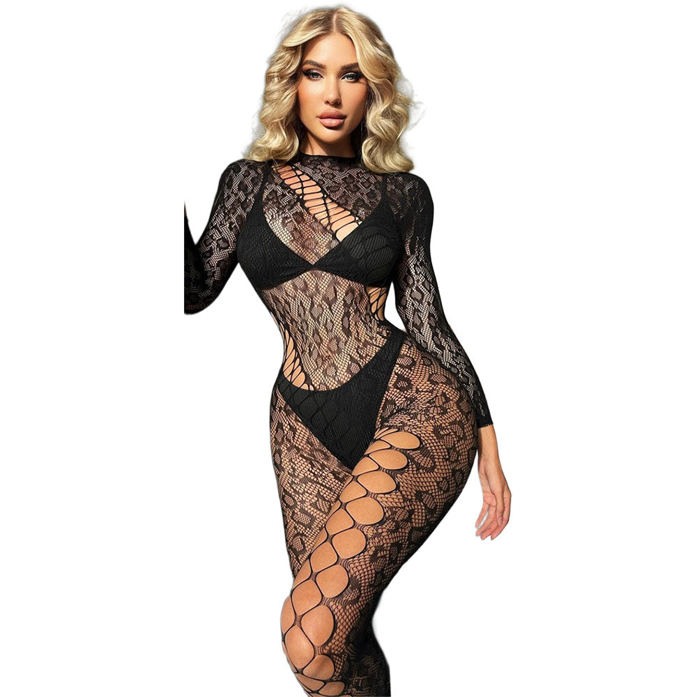 Black Pearl Leopard Lace Catsuit Black featuring leopard-patterned lace and a daring silhouette for bold lingerie style.