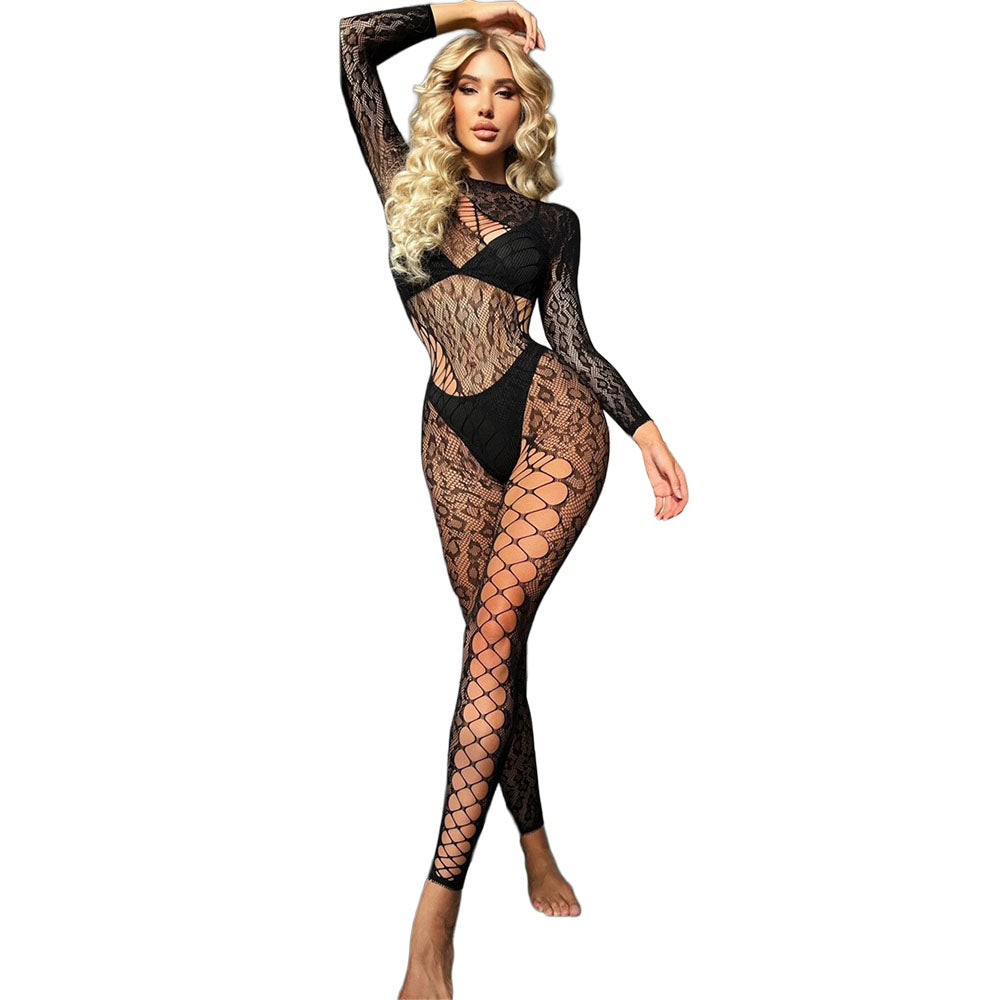 Black Pearl Leopard Lace Catsuit Black featuring a bold leopard-patterned lace design for a stunning, full-body silhouette.
