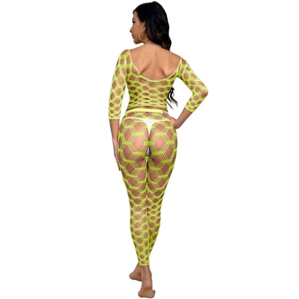 Black Pearl Hexagon Lace Crop Top With Leggings Neon Yellow showcasing the vibrant geometric design from the back view.
