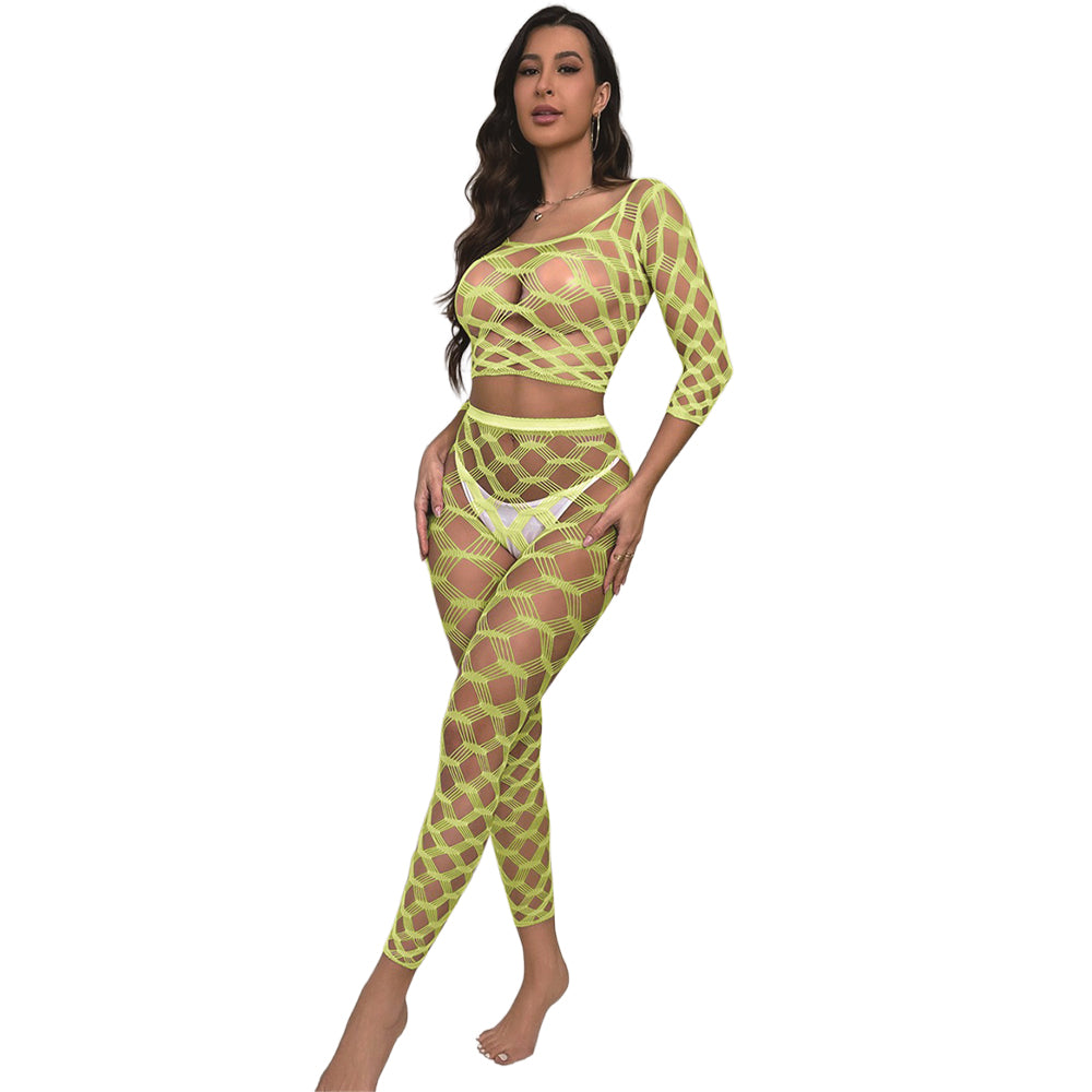 Black Pearl Hexagon Lace Crop Top With Leggings Neon Yellow worn by a model showcasing the cropped lace top and matching leggings.