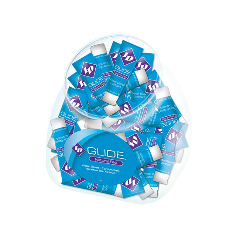 ID Glide Water-based Lubricant 12 ml Tube bowl Of 72 display with multiple tubes arranged.
