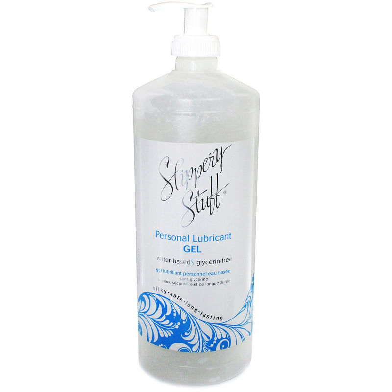 Slippery Stuff Gel Water-Based Lubricant 32 Oz bottle showing smooth gel consistency and pump for easy dispensing.