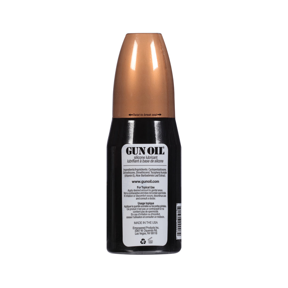 Gun Oil Silicone Lubricant 8 Oz bottle with a black and copper design, showcasing the label and product details.