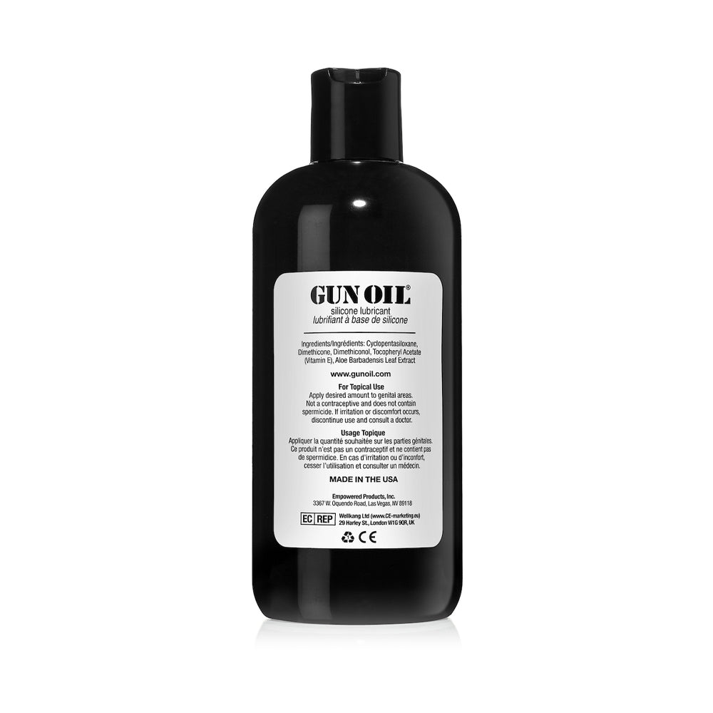 Gun Oil Silicone Lubricant 16 Oz bottle with label showcasing premium silicone formula for intimate use.