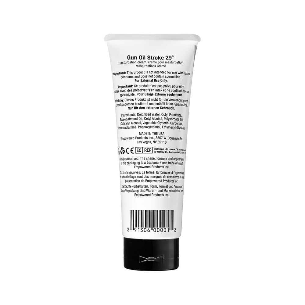 Gun Oil Stroke 29 Masturbation Cream 3.3 Oz tube with usage instructions and ingredient details on label.
