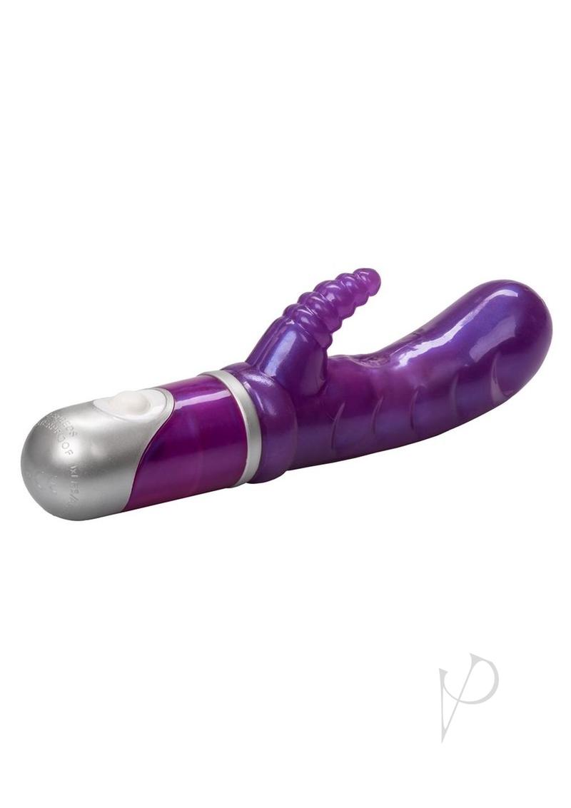 Pearl Passion Please Rabbit Vibrator Purple with a swirled ridged shaft and clitoral stimulator for dual sensation.