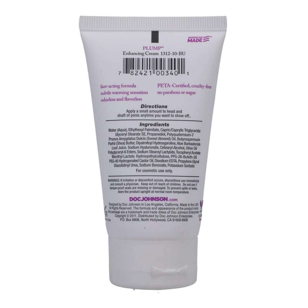 Plump Enhancement Cream for Men – 2 oz tube with usage instructions and ingredients listed on the back.