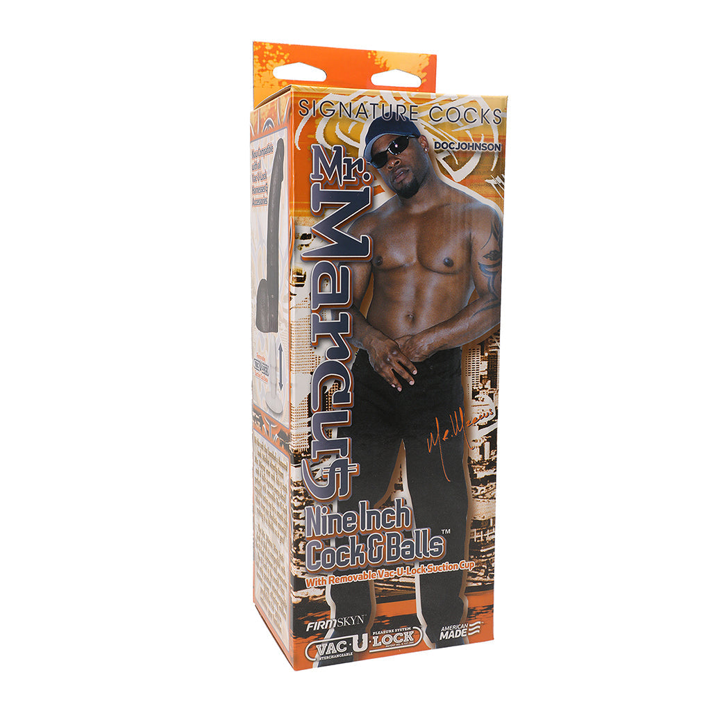 Mr Marcus Cock 9 inch Dildo Vac-U-Lock packaging displaying realistic design and signature branding by Doc Johnson.
