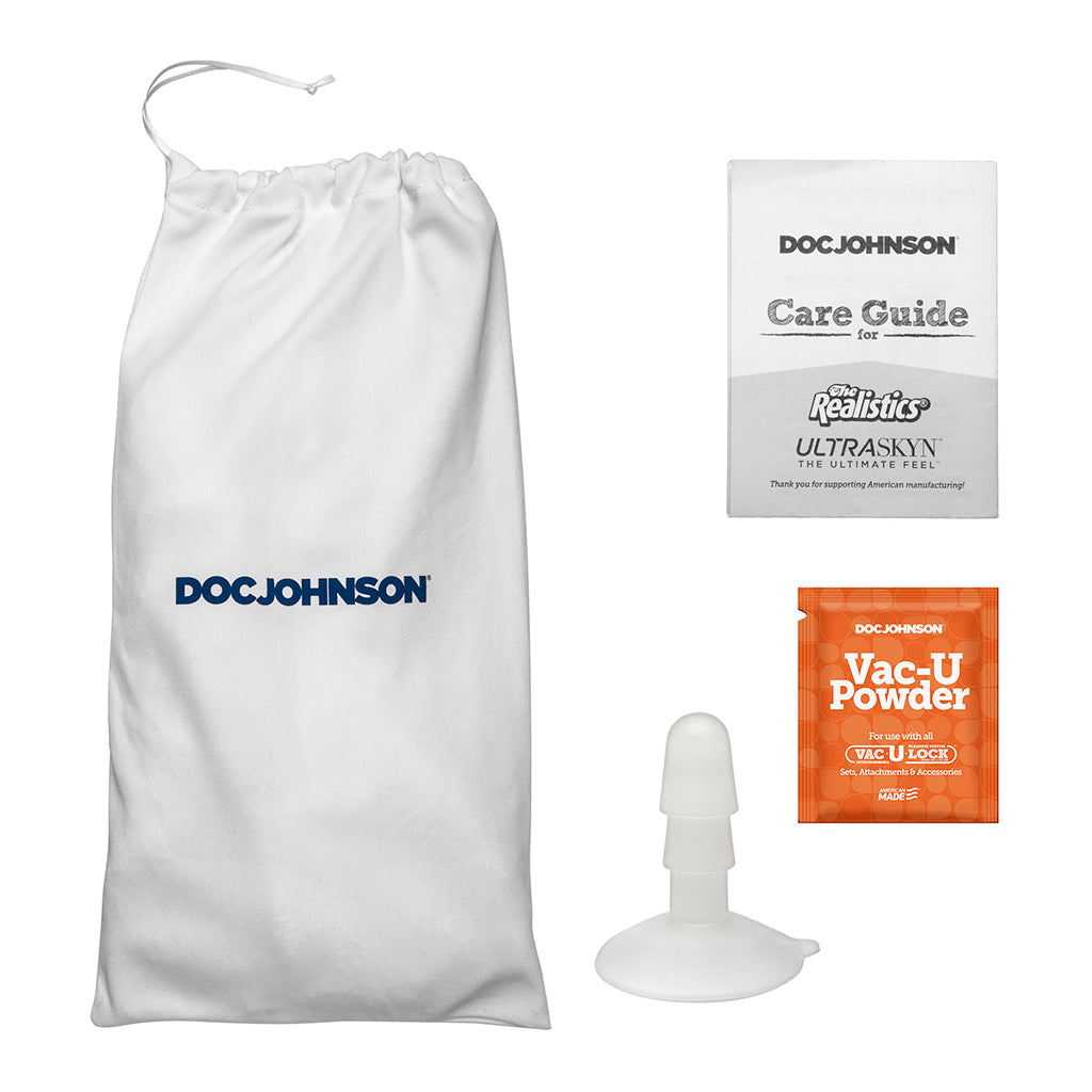 Mr Marcus Cock 9 inch Dildo Vac-U-Lock accessories including care guide, Vac-U Powder, and storage bag.