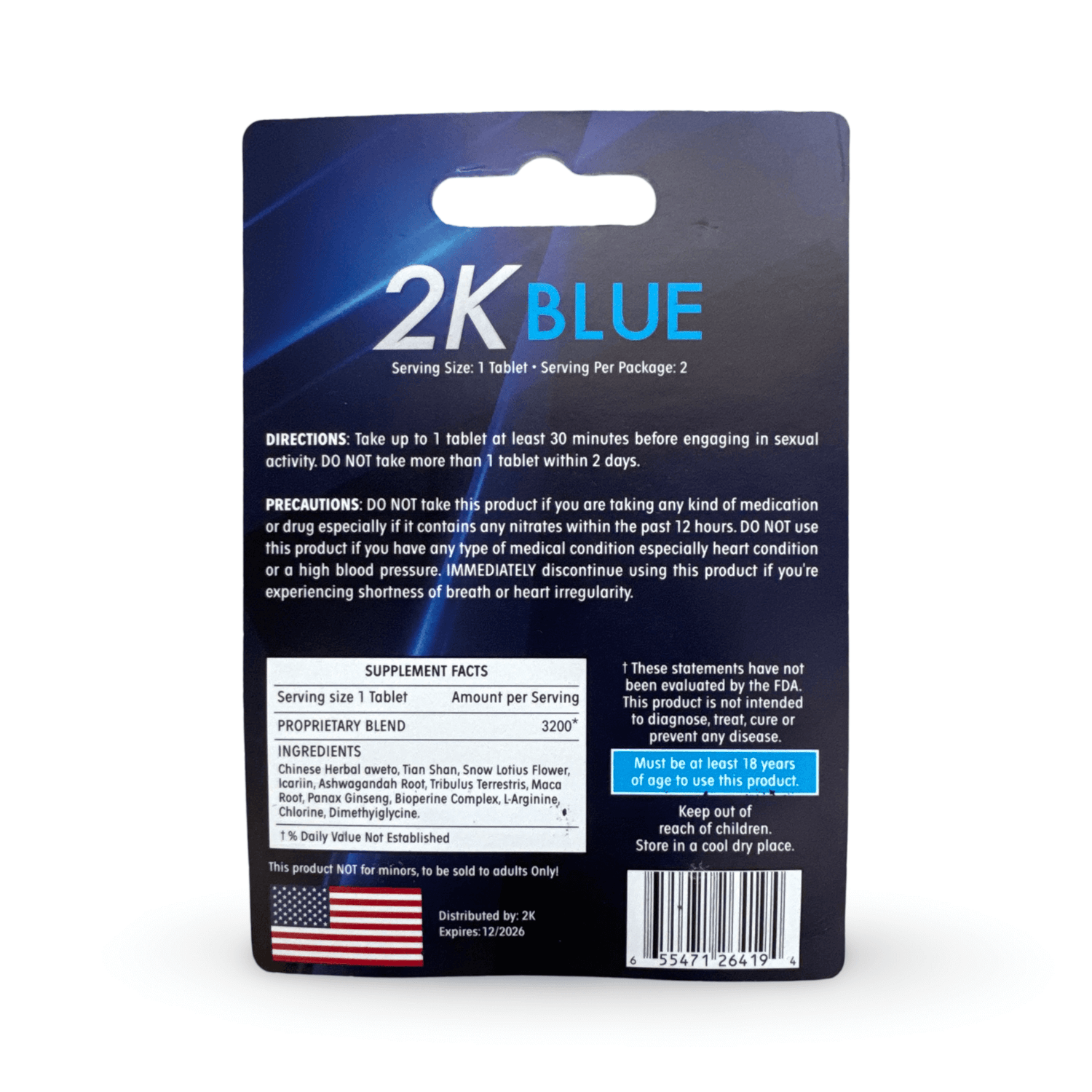 Kangaroo 2K Blue 3200 mg Men Vitality Twin Pack supplement facts and usage directions on packaging.