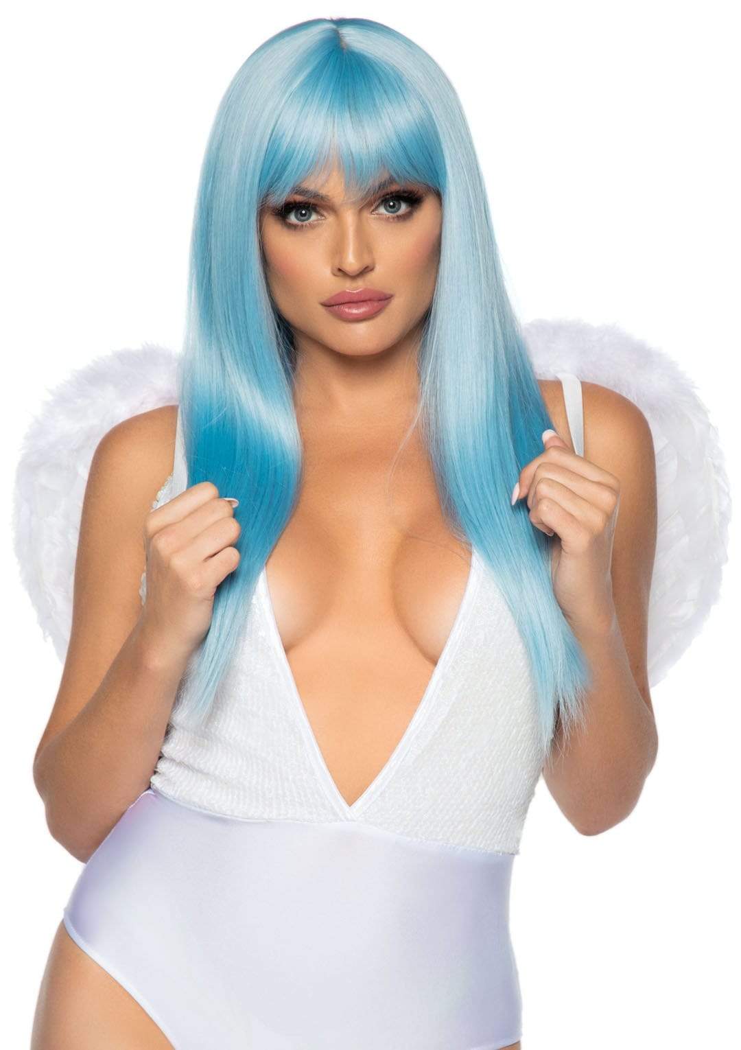 Leg Avenue Marabou Trimmed Feather Angel Wings White worn by model with blue hair, featuring fluffy white wings.