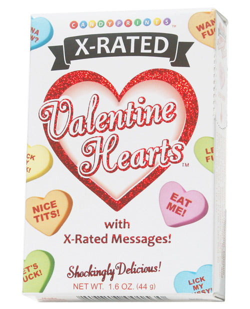 Candy Prints X-Rated Valentine Candy 1.6 oz Box featuring heart-shaped candies with naughty messages.
