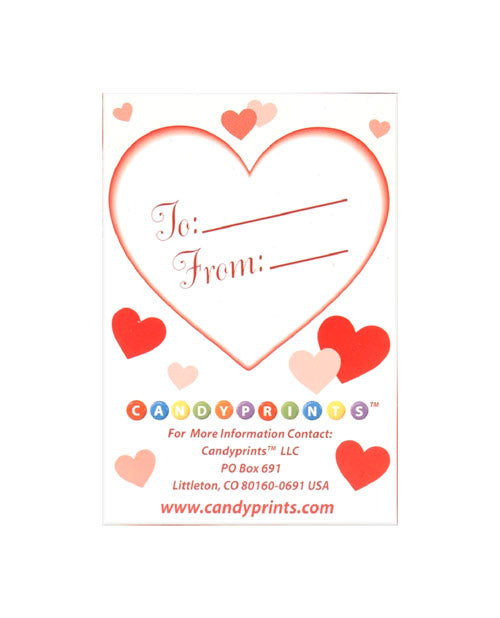 Candy Prints X-Rated Valentine Candy 1.6 oz Box gift tag with heart design and space for names.