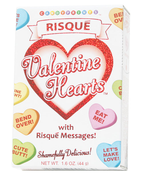 Candy Prints Risque Valentines Heart Candy 1.6 Oz Box featuring colorful hearts with playful messages for Valentine's Day.
