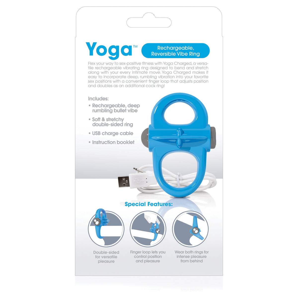 Screaming O Charged Yoga Rechargeable Vibe Ring Blue with features and accessories displayed on packaging.