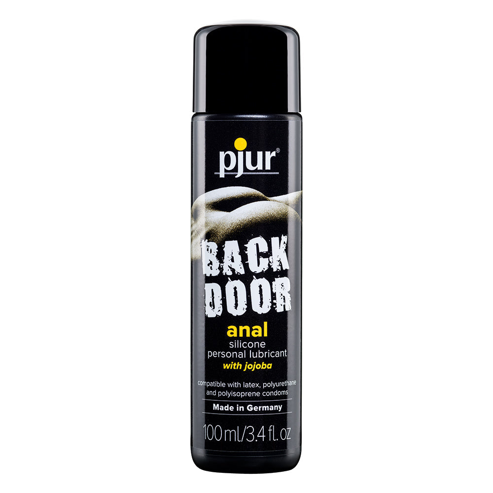 Pjur Back Door Silicone Anal Lubricant with Jojoba 3.4 Oz bottle featuring sleek design and label details.