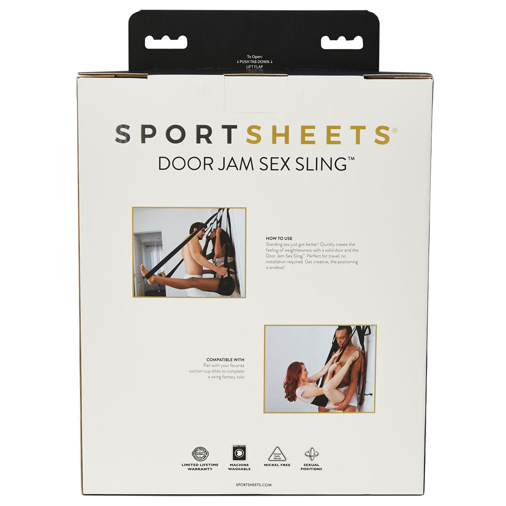 Sportsheets Adjustable Door Jam Sex Sling Black packaging showcasing usage instructions and compatibility.